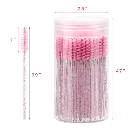 100 Pcs Disposable Mascara Wands, Crystal Eyebrow Spoolies Brush for Eyelash Extensions, Pink Lash Brushes with Container