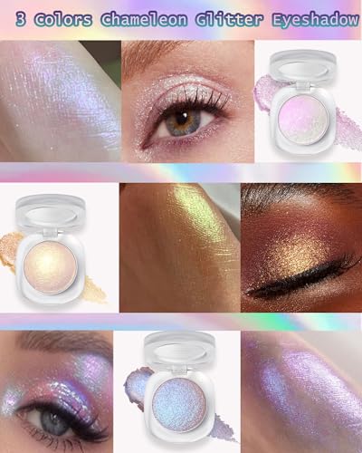 Glitter Holographic Eyeshadow Palette Multichrome Chameleon Face Highlighter, Sparkling Cream Color Shifting Single Eye Sh...