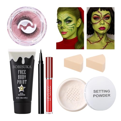 6 PCS Halloween Witch Makeup Set - Includes Ogre Green Face Body Paint(60ml), Black Eyeliner, False Eyelashes, Red Lipstic...