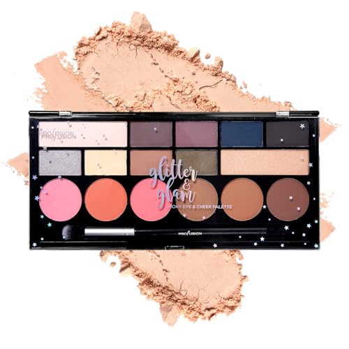 Profusion Cosmetics Glitter Glam Eye & Cheek Palette – 16 Pigmented Matte & Shimmer Shades for Eyeshadow, Blush, Bronzer &...
