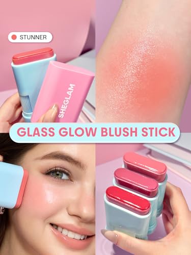 SHEGLAM Glass Glow Blush Stick Cream for Cheek and Lip, Waterproof Hydrating Tinted Solid Moisturizer Blendable Natural Gr...