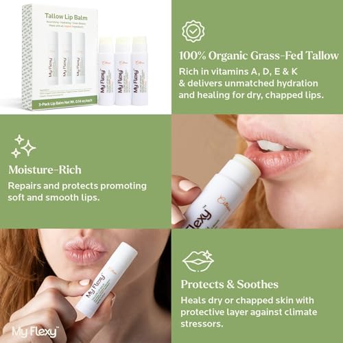 100% Organic Lip Balm Hydrating, Grass-Fed Beef Tallow Lip Balm, Made with Pasture Raised Tallow, Honey, Beeswax, & Orange...