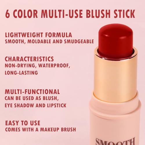 Multi-use Blush Stick, Monochromatic Face Beauty Wand for Cheek, Eyeshadow and Lip, Longwear Waterproof Matte Finish Cream...