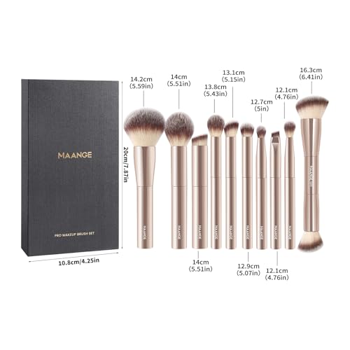 10 Pcs MAANGE Travel Makeup Brush Set with Magnetic case, Premium Synthetic Short Handle Brushes for Foundation, Powder, C...