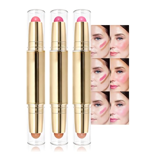 evpct 3Pcs 2In1 Blush Contour Multiuse Makeup Sticks Set, Pink Rose Berry Tan & Nude Brown Creamy Butter Blush Bronzer Con...