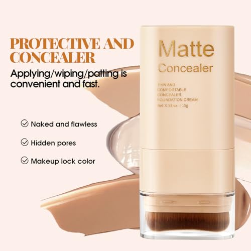 Matte Concealer Foundation Stick with Brush, Serum-Infused Tinted Moisturizer & Skin Tint, Lightweight Hydrating Concealer...