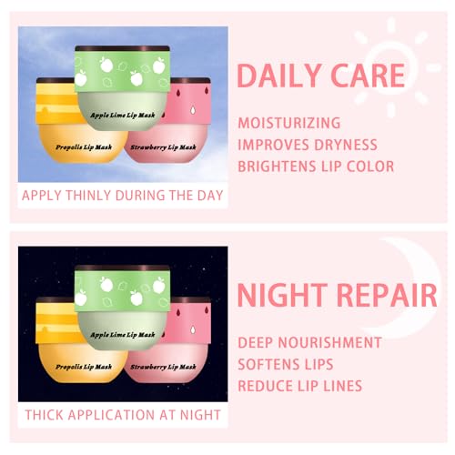 3 Pcs Bee Lip Balm Honey Pot, Honey Strawberry Apple Lip Mask Overnight, Moisturizing Lip Sleeping Mask, Hydrate Repair Pr...