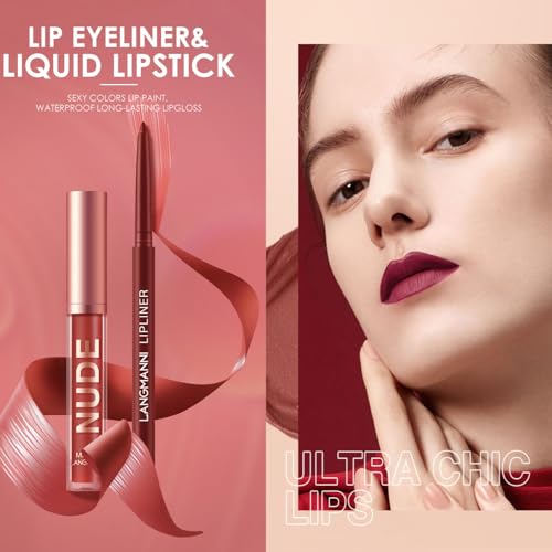 LANGMANNI 6 Matte Lipstick with 6 Lipliners Durable Makeup Set,Long-Lasting Non-Stick Cup Not Fade Waterproof Pigmented Ve...