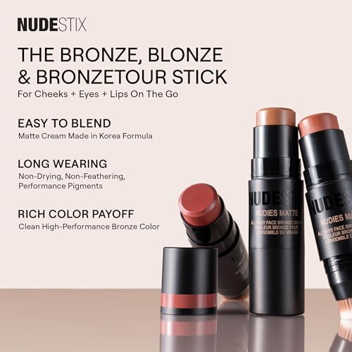 Nudestix Nudies Bronze All Over Matte Bronzing Stick – 3-in-1 Cream Bronzer for Cheeks, Eyes & Lips with Built-In Brush | ...