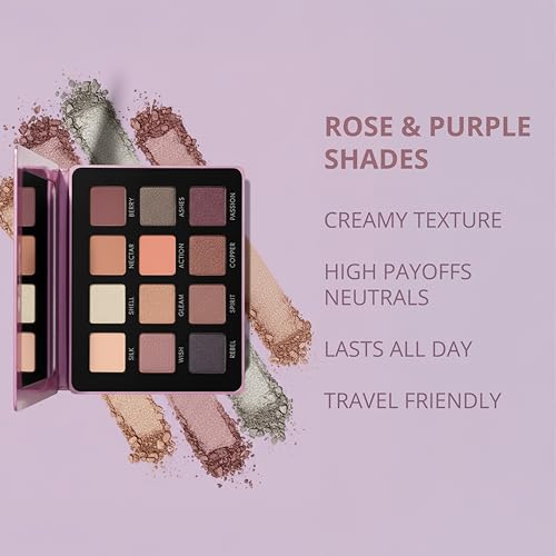 Lamora Pink Eyeshadow Palette - 12 Soft Mauve Rose Shadows, Multi-Use Eye Makeup Palette with Matte & Shimmer Finishes, Ul...