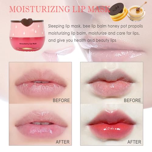 2 PCS Bee Lip Balm Lip Mask Honey Pot, Honey & Strawberry Lip Mask Propolis Moisturizing Lip Balm with Stick - Hydrating P...