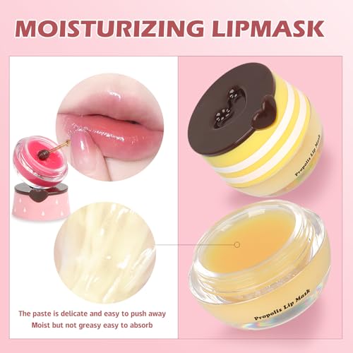2 PCS Bee Lip Balm Lip Mask Honey Pot, Honey & Strawberry Lip Mask Propolis Moisturizing Lip Balm with Stick - Hydrating P...