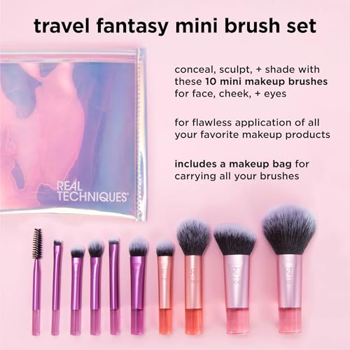 Real Techniques 11 Piece Travel Fantasy Mini Brush Set, Travel Size Makeup Brushes For Foundation Eyeshadow, Powder, Blus...