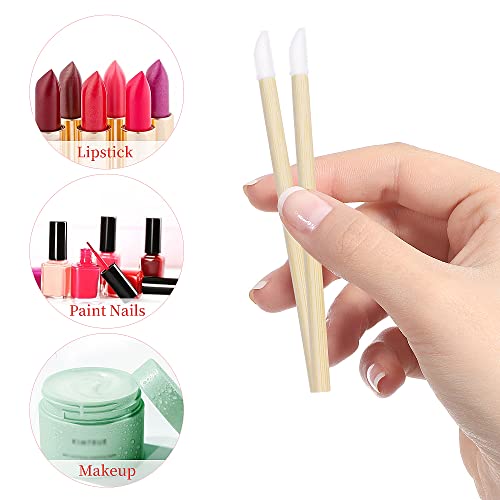 100 Pcs Disposable Lip Brushes Premium Lipstick Applicator Wands Bamboo Handle Makeup Tool Kits (Bamboo handle white)