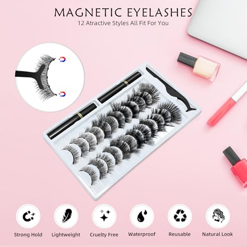 Magnetic Eyelashes Kit with Eyeliner - Magnetic Lashes Natural Look & Reusable 3D Mink False Eyelashes, No Glue Needed, Ea...