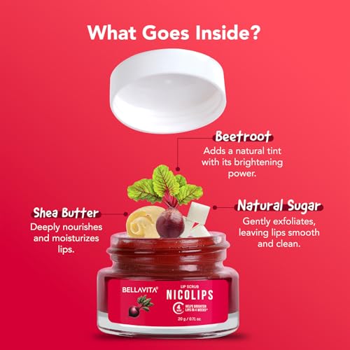 BellaVita Luxury NicoLips Lip Scrub 20gm | Lip Balm For Exfoliation & Dark Lip Moisturizing | With Goodness of Beetroot, S...