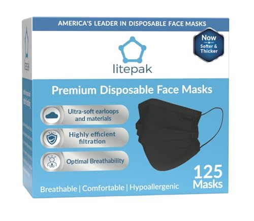 Litepak 125-Pack Disposable Face Mask Premium Comfort Earloops with Dispenser Box (Black)