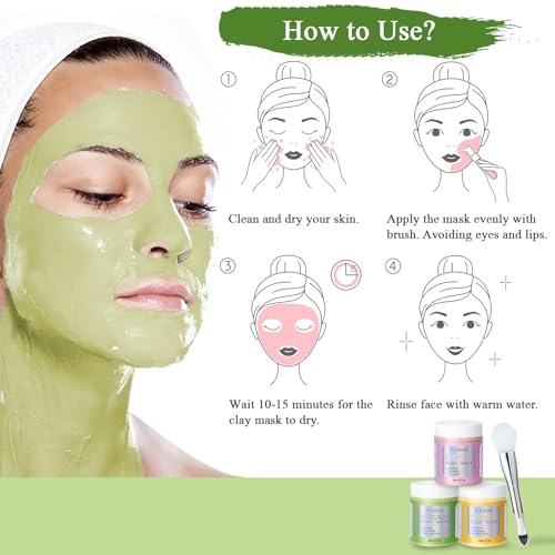 Pjordo 3 Pack clay mask, Turmeric Vitamin C, Avocado, Rose clay mask for face, Face Mask Skin Care for Deep Cleaning Reduc...