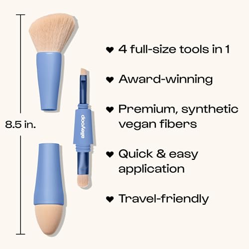 Alleyoop Multi-Tasker 4-in-1 Travel Makeup Brush Set – Compact Makeup Brushes with Blending Sponge, Eyeshadow, Eyebrow & L...