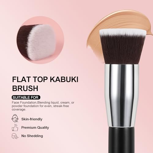 Flat Top Kabuki Foundation Brush，5.7” Premium Synthetic Kabuki Makeup Brush Flawless for Liquid, Cream, and Powder with De...