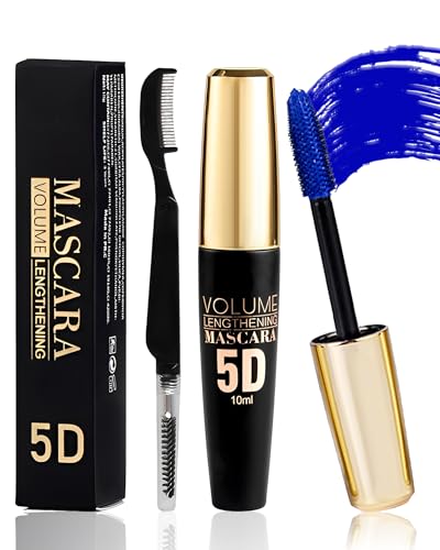 Blue Waterproof Mascara for Eyelash, 5D Silk Fiber Lashes Extension Colored Tube Mascara with Eyelash Brush, Long Lasting ...