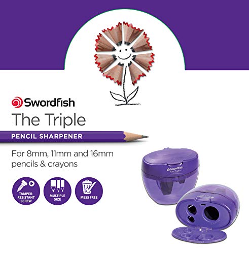 Swordfish ‘The Triple’ Three Hole Pencil Sharpener with Mess-Free Canister [Pack of 1] 8-16 mm [40228s], Purple