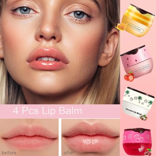 TIRDET 4 PCS Bee Lip Balm Honey Pot, Honey Strawberry Cherry Coconut Sleeping Lip Mask Overnight with Sticks, Exfoliating ...