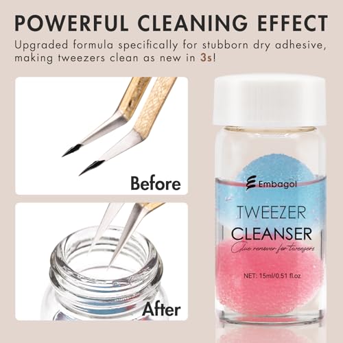 Embagol 2 Bottles Tweezer Cleanser for Eyelash Extensions Tweezers Glue Remover Liquid for Lash Tools with 2 Spongeballs(2...