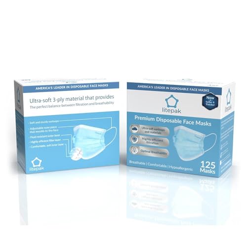 Litepak 125-Pack Disposable Face Mask Premium Comfort Earloops with Dispenser Box