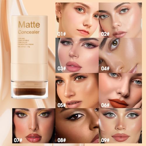Matte Concealer Foundation Stick with Brush, Serum-Infused Tinted Moisturizer & Skin Tint, Lightweight Hydrating Concealer...