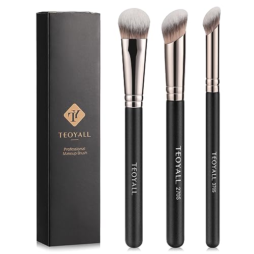 TEOYALL Contour Conceal Brush Set, 3PCS Angled Synthetic Under Eye Concealer Brush for Blending Setting Buffing with Liqui...