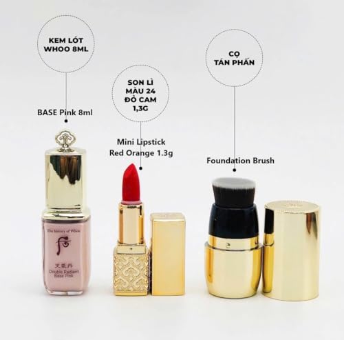 THE WHOO Essence Cushion No.21 (Original 15g + 2 Refill) + Holiday Set (Base Pink 8ml, Lip Rouge # Red Orange 1.3g, Founda...