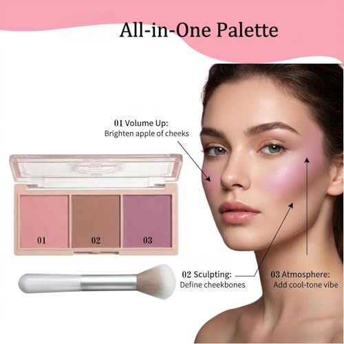 3-Color Blush Palette with Brush - Matte & Shimmer Powder Blush Trio - Long Lasting, High Pigment Face Makeup - Cool Tone ...