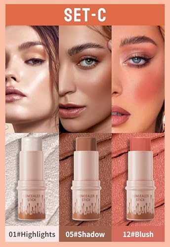 3Pcs Contour Stick Set，3 Colors Contour Stick Makeup Set， Long-Lasting Waterproof Concealer Stick Kit，Cream Blush & Highli...