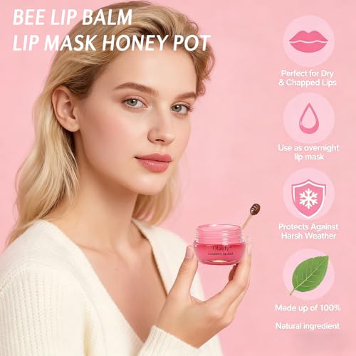 10 PCS Bee Lip Balm Lip Mask Honey Pot,Strawberry,Watermelon,Cherry,Peach,Apple Lime,Mint,Honey Lip Balm Bulk Gifts Lip Sl...