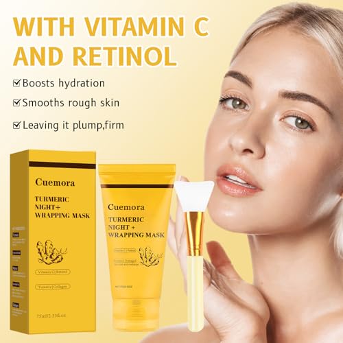 Cuemora Turmeric Overnight Mask, Peel off Face Mask, Bio-Collagen Real Deep Mask, Turmeric Night Wrapping, Vitamin C, Gent...