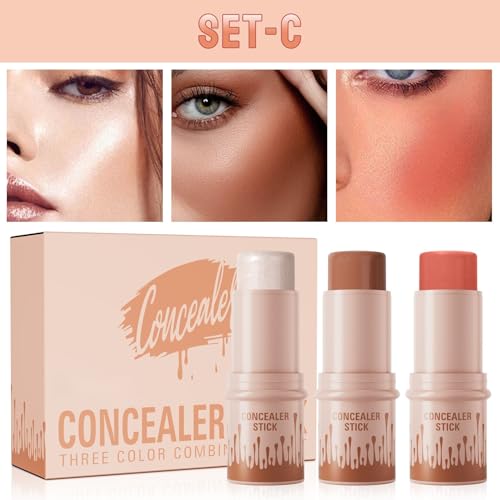 3Pcs Contour Stick Set，3 Colors Contour Stick Makeup Set， Long-Lasting Waterproof Concealer Stick Kit，Cream Blush & Highli...