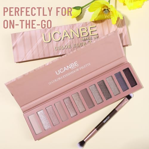 UCANBE 12 Color Eyeshadow Makeup Palette, Neutral Matte Shimmer Nude Eye Shadow Make Up Pallet with Double-ended Brush Set...