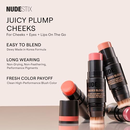 Nudestix Nudies Bloom All Over Dewy Color – 3-in-1 Cream Blush Stick for Cheeks, Eyes & Lips with Built-In Brush | Sheer, ...