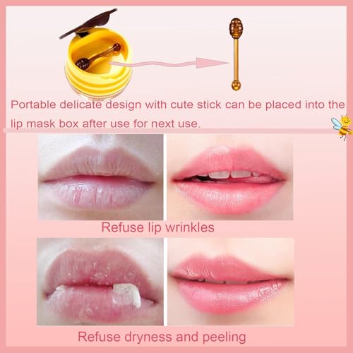 TIRDET 4 PCS Bee Lip Balm Honey Pot, Honey Strawberry Cherry Coconut Sleeping Lip Mask Overnight with Sticks, Exfoliating ...