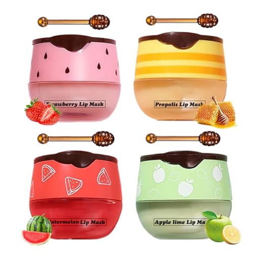 4 PCS Honey Lip Mask, Strawberry & Watermelon & Apple Lime Lip Sleeping Mask Propolis Moisturizing Lip Balm with Stick, Vi...