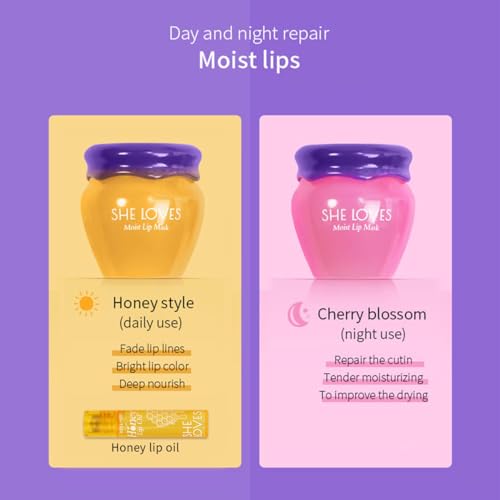 2PCS Lip Mask Overnight, Honey&Sakura Day and Night Repair Sleeping Lip Balm, Fade Lip Lines Bee Balm, Hydrating &Preventi...