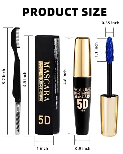 Blue Waterproof Mascara for Eyelash, 5D Silk Fiber Lashes Extension Colored Tube Mascara with Eyelash Brush, Long Lasting ...
