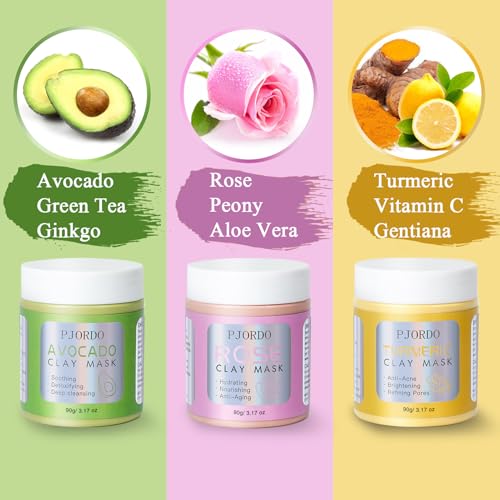 Pjordo 3 Pack clay mask, Turmeric Vitamin C, Avocado, Rose clay mask for face, Face Mask Skin Care for Deep Cleaning Reduc...