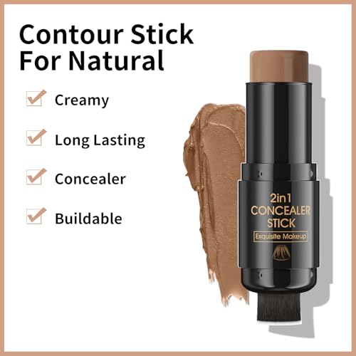 2 In 1 Cream Contour Stick Makeup with Built-In Brush, Makeup Concealer Stick for Women, Long Lasting, Waterproof, Matte...