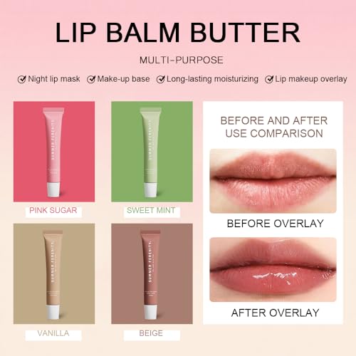 4 PCS Summer Lip Balm Tinted Lip Butter Balm - Conditioning Lip Mask,Ultra-Hydrating,Instant Moisture, Shine,Hydration - S...