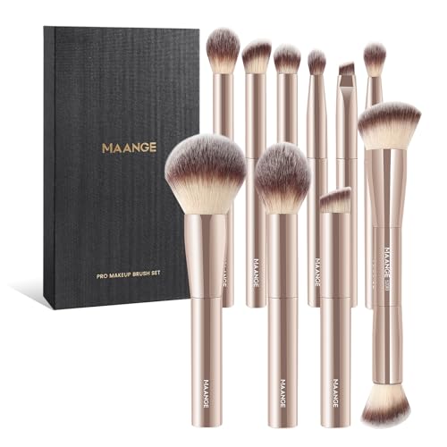 10 Pcs MAANGE Travel Makeup Brush Set with Magnetic case, Premium Synthetic Short Handle Brushes for Foundation, Powder, C...
