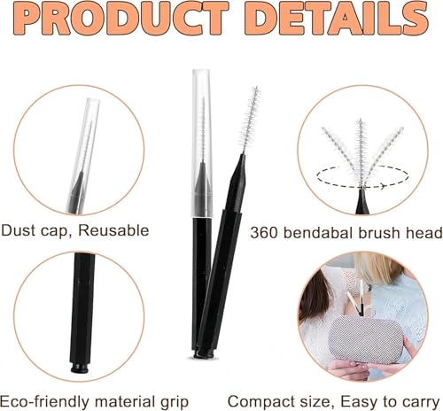 100 Pcs Micro Eyebrow Brush with Cap, Spoolie Lash Comb, Lift Tools for Brow & Eyelash Extensions, Lamination (Black)