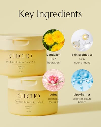 CHICHO Dandelion Radiance Serum Pads (90 Pads) – Jumbo 8cm Quick Mask Toner Pads – 80.2% Dandelion Biome + Lotus, Vegan pH...