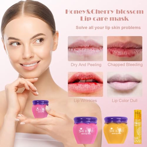 2PCS Lip Mask Overnight, Honey&Sakura Day and Night Repair Sleeping Lip Balm, Fade Lip Lines Bee Balm, Hydrating &Preventi...